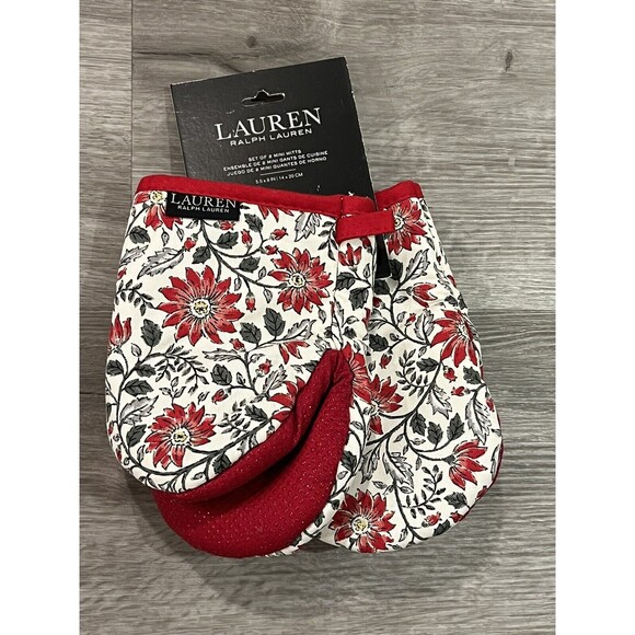 RALPH LAUREN  MINI Oven MITTS Gloves Silicone Grip Red Floral Set Of 2 Christmas - Picture 3 of 3